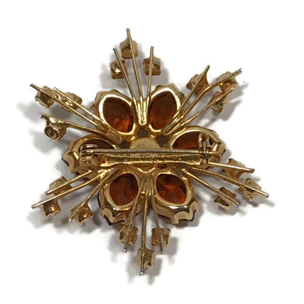 Vintage Austria Starburst Amber Rhinestone Brooch - Picture 3 of 6